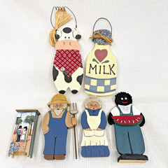 Set of 6 Vintage Handcrafted Wooden Farmhouse Folk Art Rustic Americana Decor