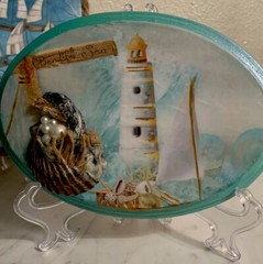 Decoupaged Wooden Plaque – Lighthouse with Seashells & Pearls