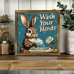 Bathroom Bunny Wash Hands Wooden Plaque Farmhouse Entryway Wall Art Decoration