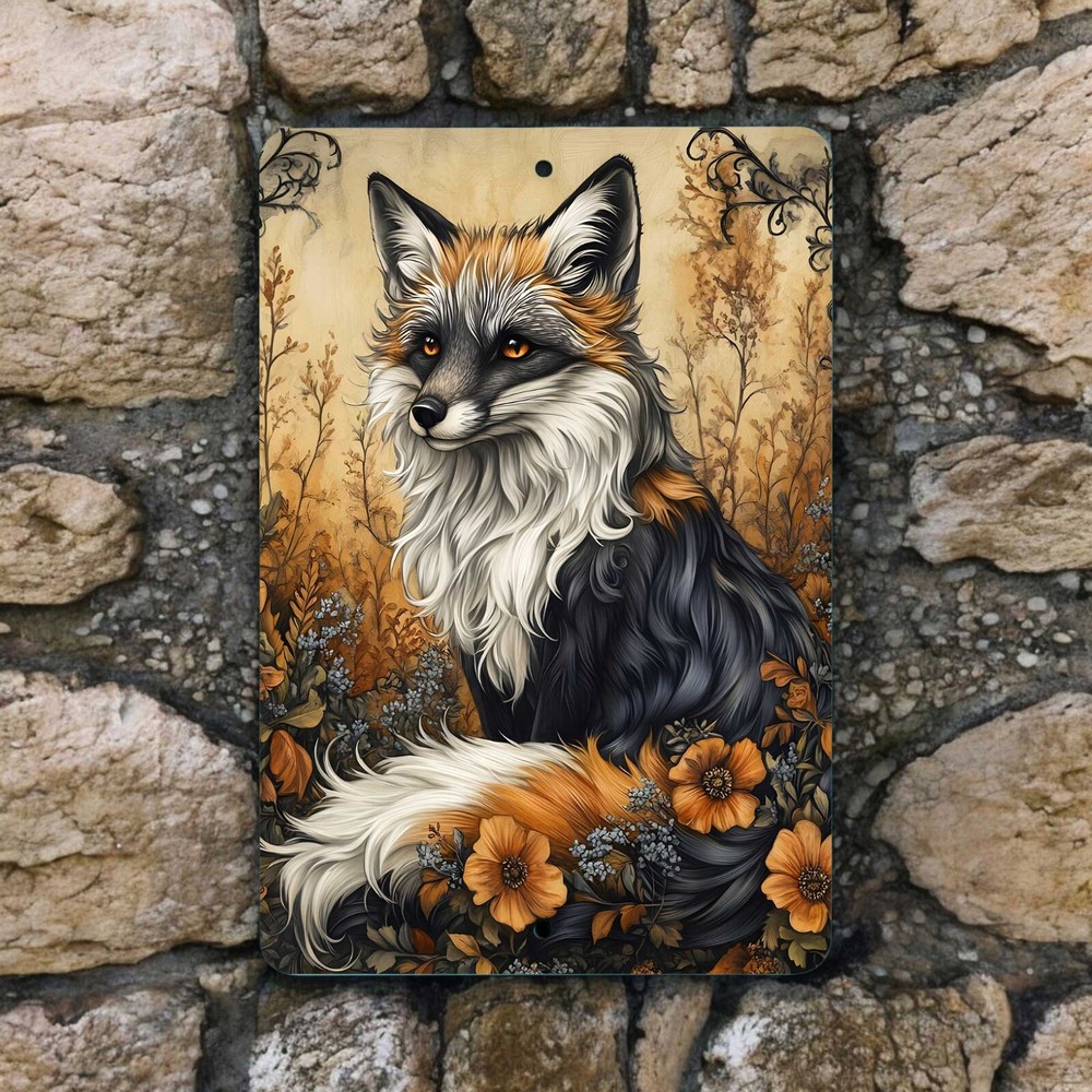 Cross Fox Metal Sign – Gothic Animal Wall Art – Dark Woodland Home Decor, 8×12