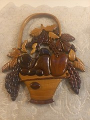 Handcarved Tropical Wood Fruit Basket Wall Hanging Decor Art 11″ Tall Harvest