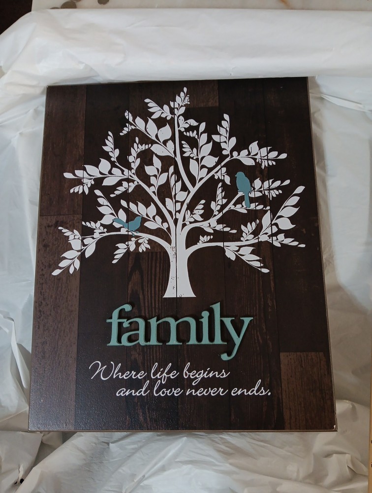 Rustic Wooden Wall art quote “Family Where Life Begins and Love Never Ends 20×16