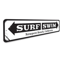 Surf Swim Sign, Personalized Beach Location Directional Arrow Metal Wall Decor