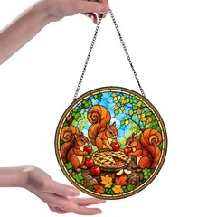 Squirrel Family Stained Glass , Apple Pie Window Hanging, Autumn Woodl