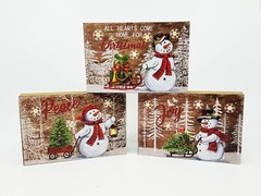 LED Lighted Snowflakes Snowman Sleds Wood Block Plaques Auto Timer, 3 Piece Set