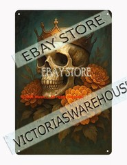 Crowned skull marigold tin sign regal death wall art