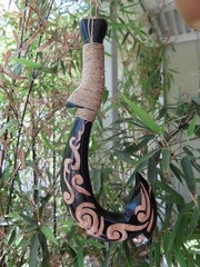 Hawaiian Hand Made Wall Decor Wood Black Engraved Polynesian Fish Hook Tribal
