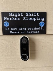 Doorbell sign for night shift worker, anti salesman sign. Stop unwanted doorbell