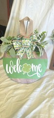 Round Wood Welcome Sign, Green Botanical Farmhouse Hanging Porch Decor 10 in