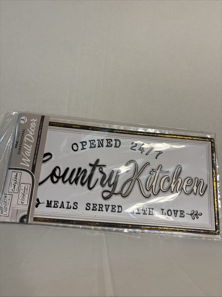 Wall Decor Embossed Peel Stick Sign 3 Pc COUNTRY KITCHEN WELCOME HOME & LAUNDRY