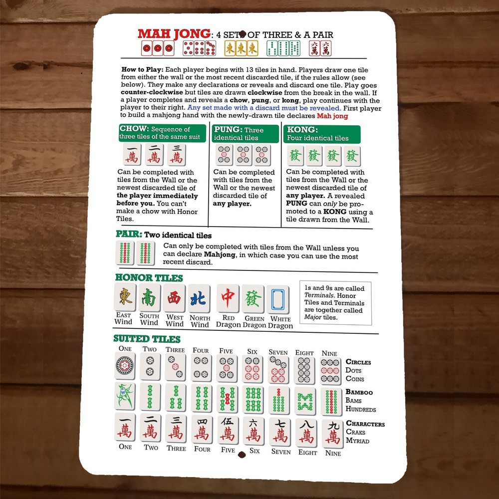 Mah Jong Cheat Sheet Rules 8×12 Wall Sign