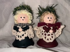 Vintage Handmade Wooden Angel With Crocheted Doily Wings Floral Crown Decor X2