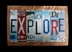 EXPLORE Sign made with repurposed License Plates on Wood Wall Art!